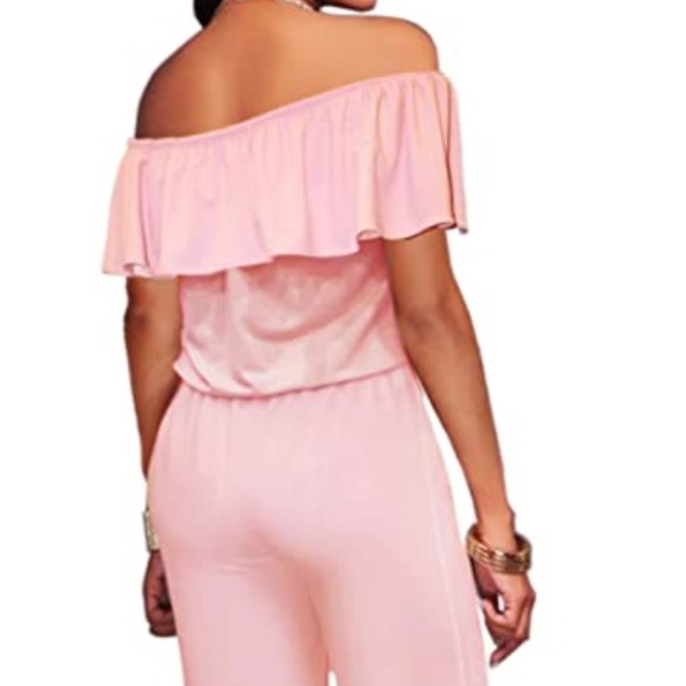Pink Blush Off The Shoulders Elastic Waist Jumpsuit - Picture 3 of 10